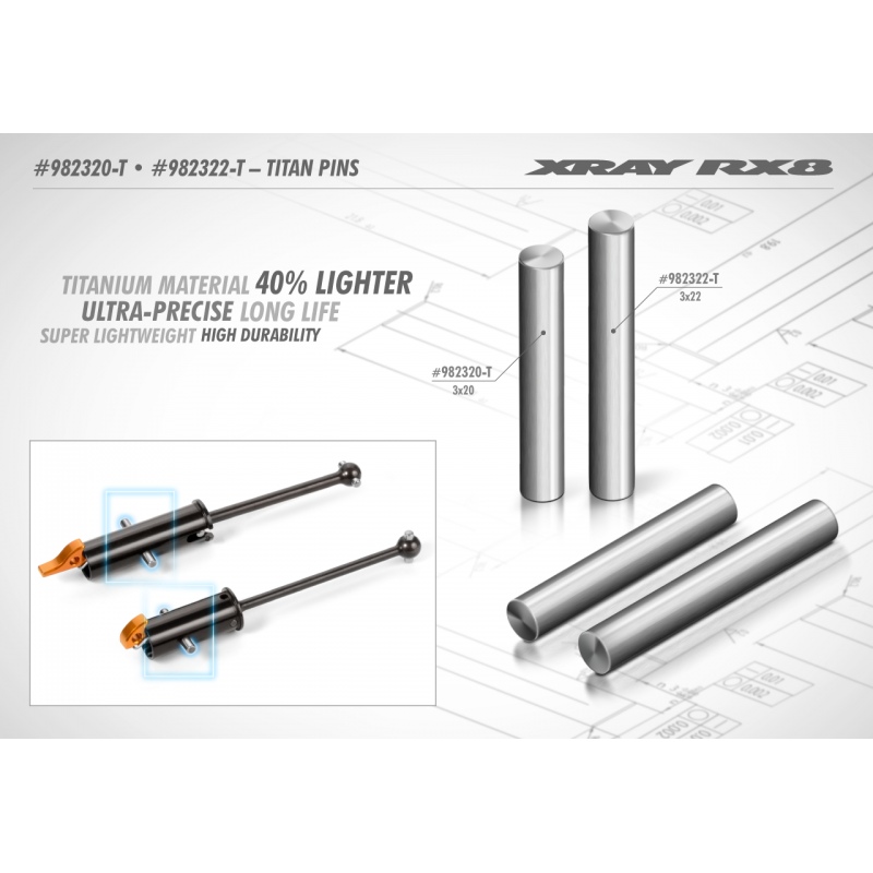 Perni in titanio, rettificati a mano ad altissima precisione per un'elevata durata e una lunga durata. Più del 40% più leggero rispetto ai perni in acciaio standard. Dia. x lunghezza = 3 mm x 22 mm. nella confezione ne contengono (2) 