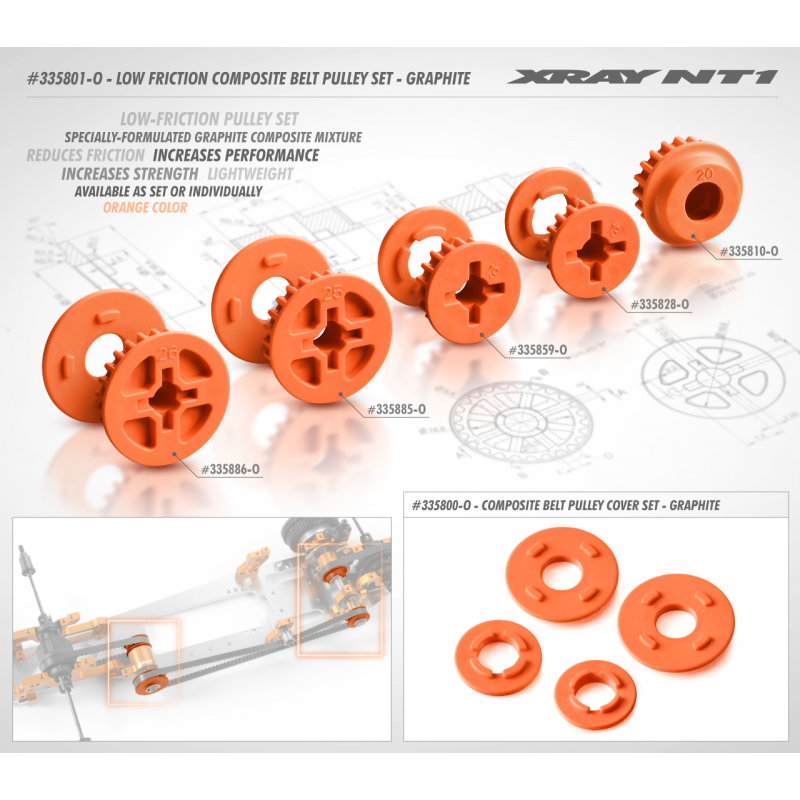 Set di coperchi e collari per puleggia in composito stampato. Realizzato con una miscela composita di grafite appositamente formulata per una maggiore resistenza e un peso inferiore. Perfetto equilibrio tra affidabilità e prestazioni. Colore arancione.