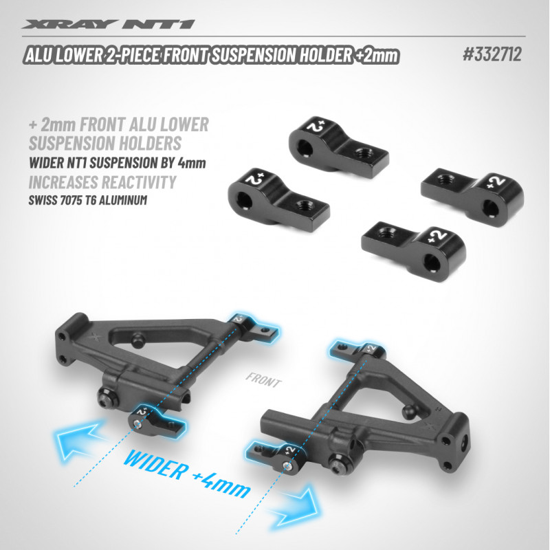 Il supporto della sospensione anteriore + 2 mm è lavorato a CNC da Swiss 7075 T6 premium progettato per mantenere la geometria ben collaudata di NT1. Sospensione NT1 più ampia di 4 mm. Completamente indipendenti dalle paratie, montate direttamente sul telaio per aumentare la trazione e rendere la vettura più facile da guidare. I supporti delle sospensioni sono anodizzati in colore nero.